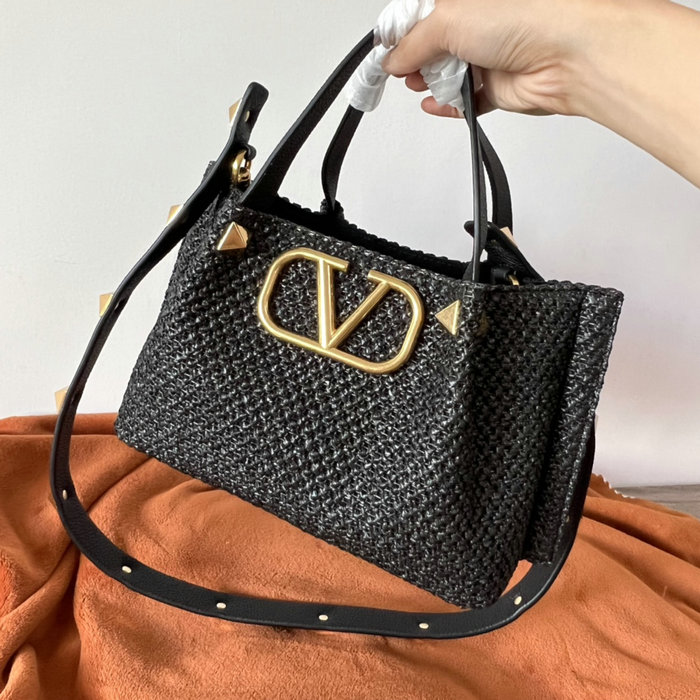 Valentino Garavani Small VLOGO Raffia Tote Bag Black V0099S