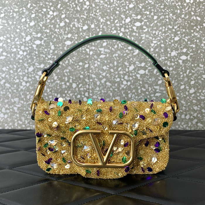 Valentino Small Loco Shoulder Bag With 3D Embroidery Gold V5035