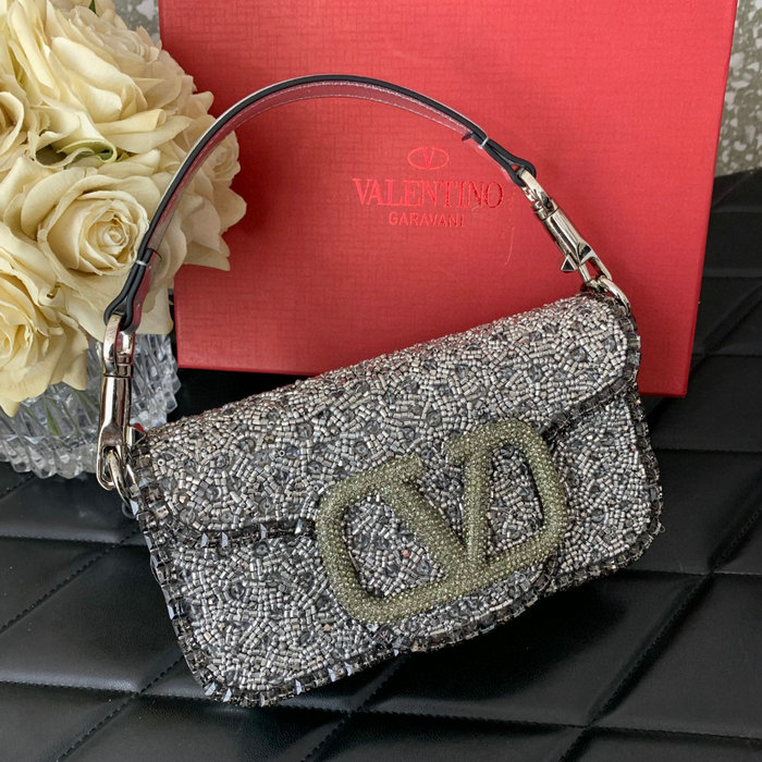 Valentino Small Loco Shoulder Bag With 3D Embroidery Silver V5039