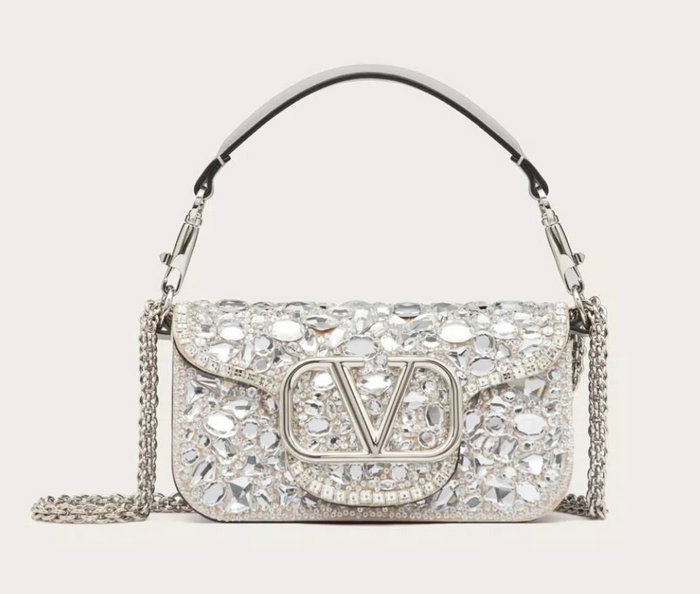 Valentino Small Locò Shoulder Bag With Crystals Silver V2010