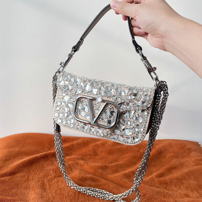 Valentino Small Locò Shoulder Bag With Crystals Silver V2010