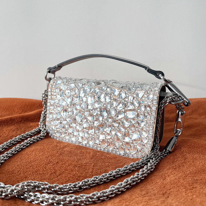 Valentino Small Locò Shoulder Bag With Crystals Silver V2010