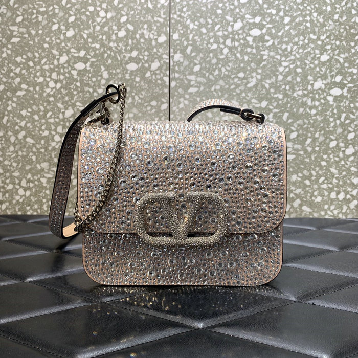 Valentino Small VSling Shoulder Bag with Rhinestones White V0088