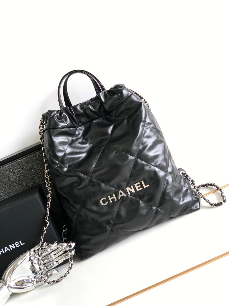 Chanel 22 Shiny Calfskin Backpack Black with Silver AS3859