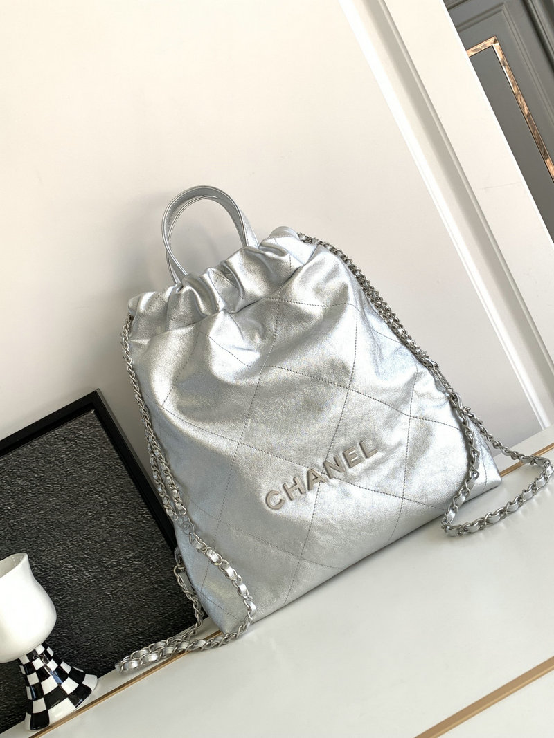 Chanel 22 Shiny Calfskin Backpack Silver AS3859