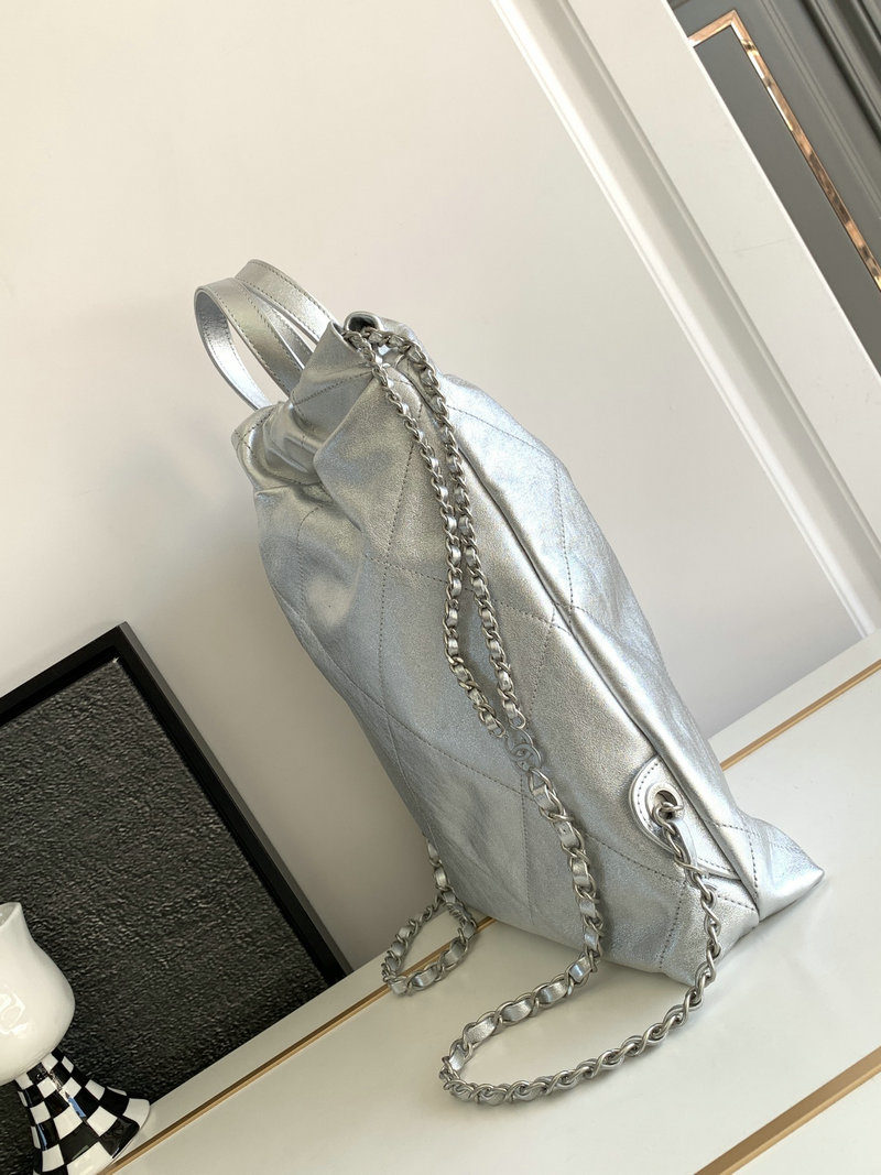 Chanel 22 Shiny Calfskin Backpack Silver AS3859