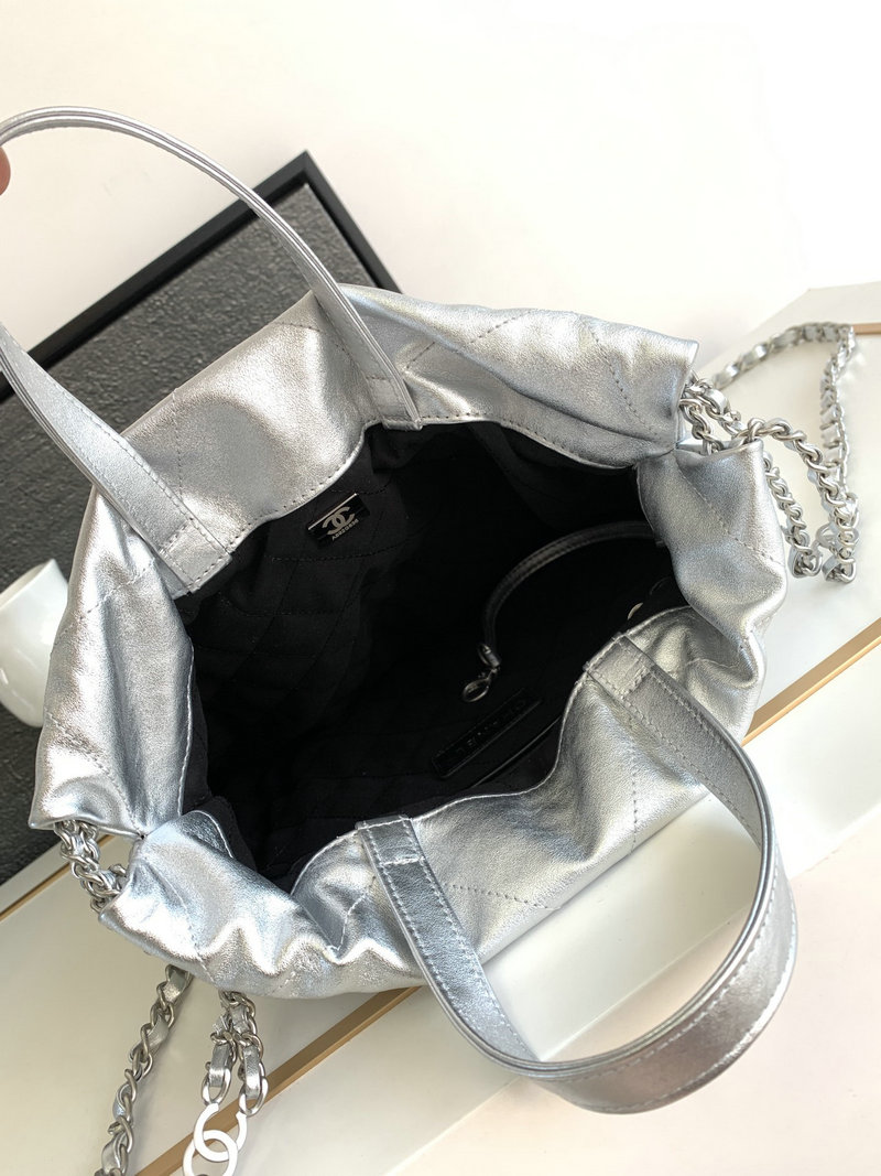 Chanel 22 Shiny Calfskin Backpack Silver AS3859