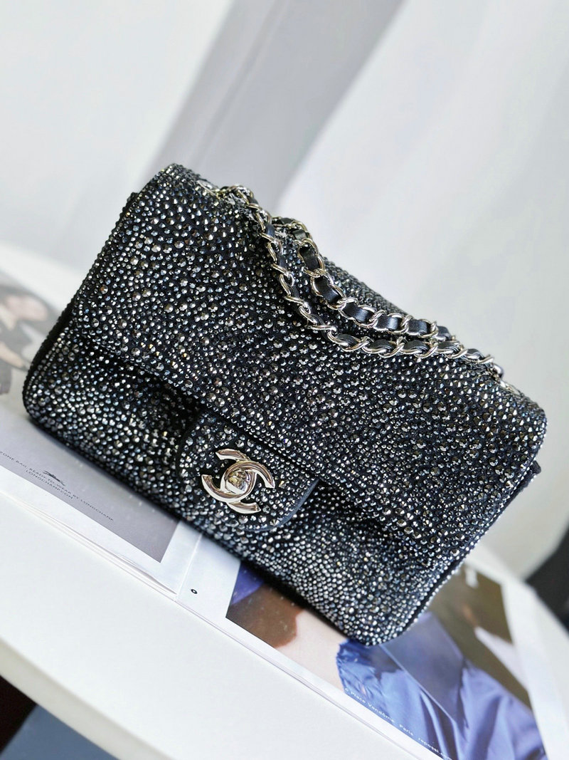 Classic Chanel Mini Flap Evening Bag with Crystal Black AS22