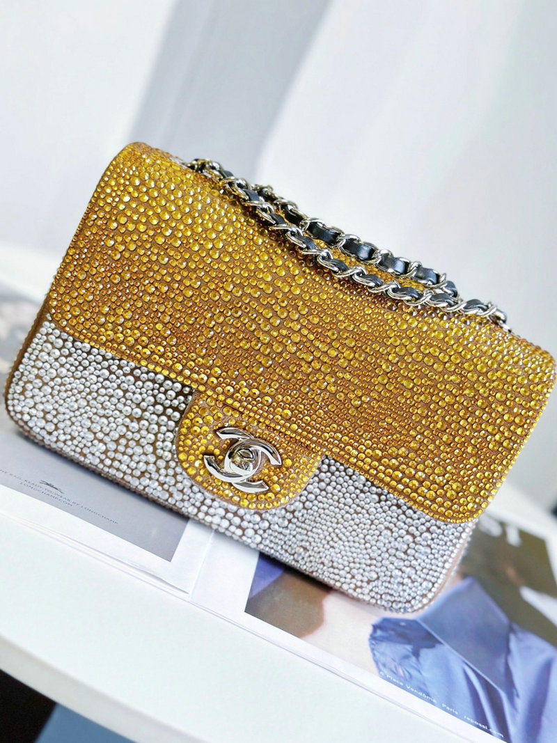 Classic Chanel Mini Flap Evening Bag with Crystal Gold AS22