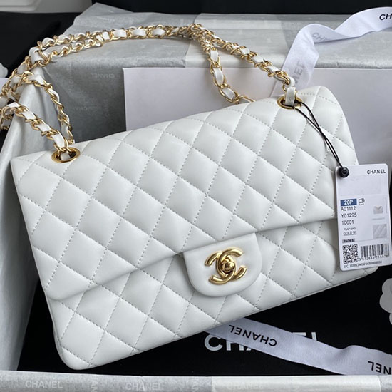 Medium Classic Flap Handbag White with Gold A01112