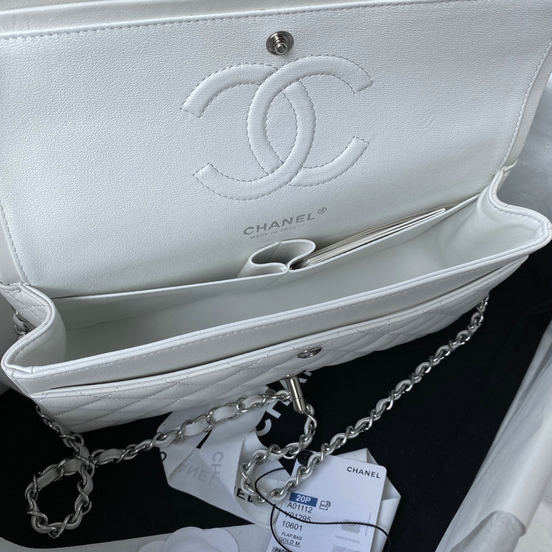 Medium Classic Flap Handbag White with Silver A01112