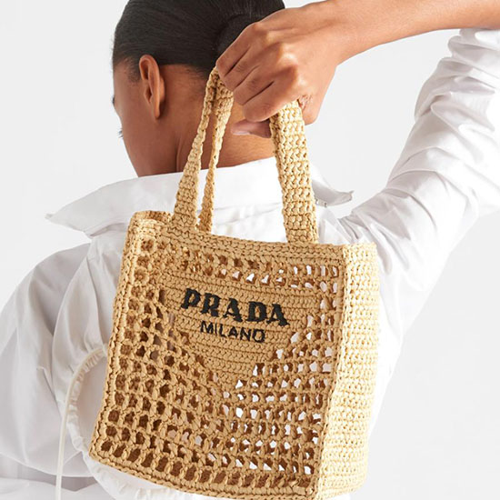 Prada Small Raffia crochet tote bag Beige 1BG444