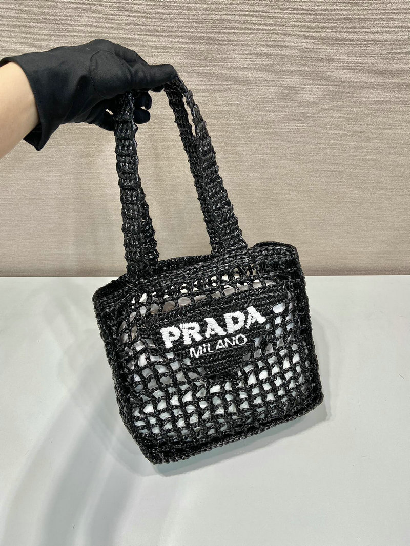 Prada Small Raffia crochet tote bag Black 1BG444