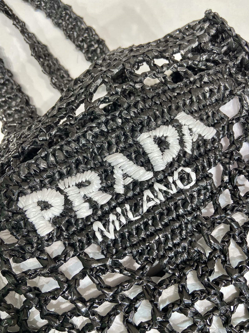 Prada Small Raffia crochet tote bag Black 1BG444