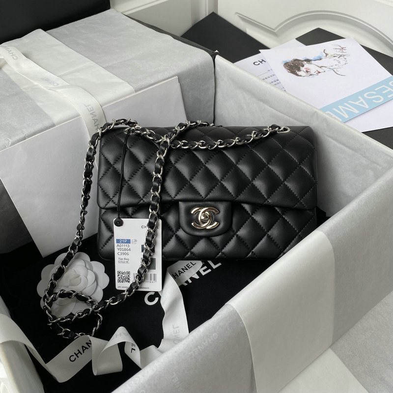 Small Classic Chanel Flap Handbag Black with Silver A01113