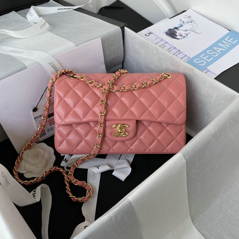 Small Classic Chanel Flap Handbag Pink with Gold A01113