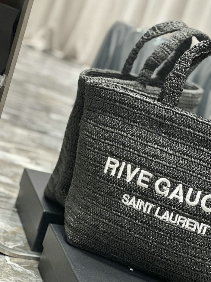 Saint Laurent Raffia Rive Gauche Tote Bag Black with White 688864