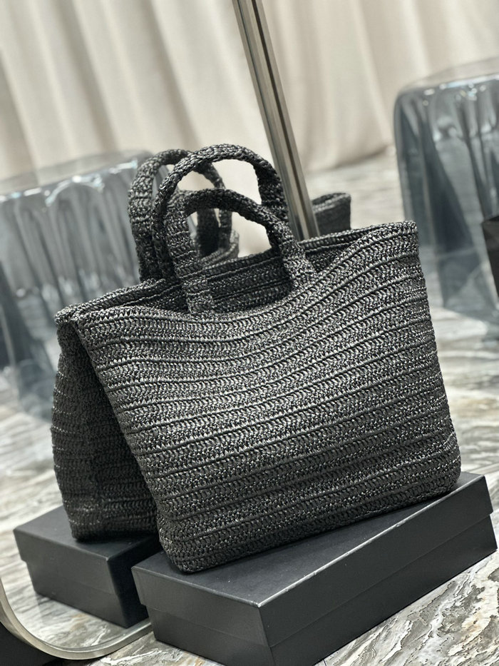 Saint Laurent Raffia Rive Gauche Tote Bag Black with White 688864