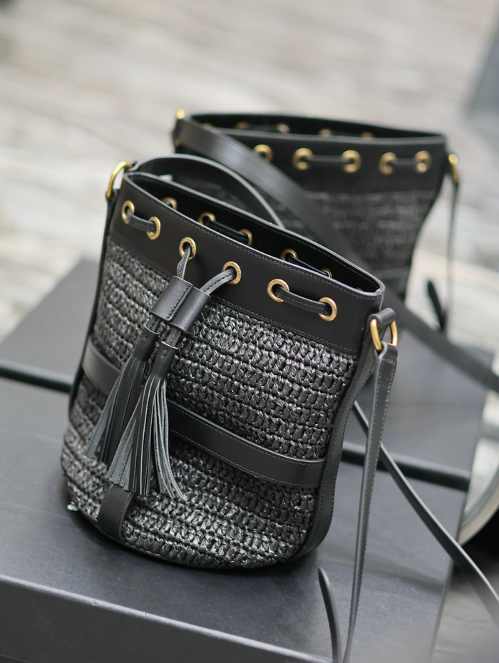 Saint Laurent Raffia Shoulder Bag Black 688223