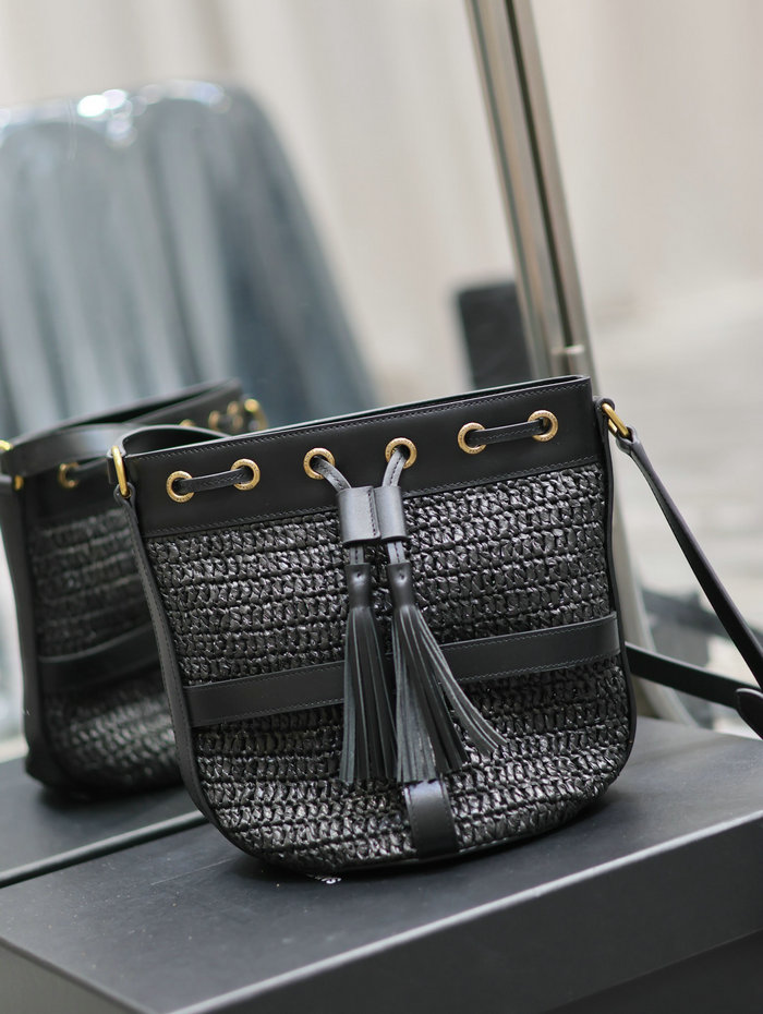 Saint Laurent Raffia Shoulder Bag Black 688223