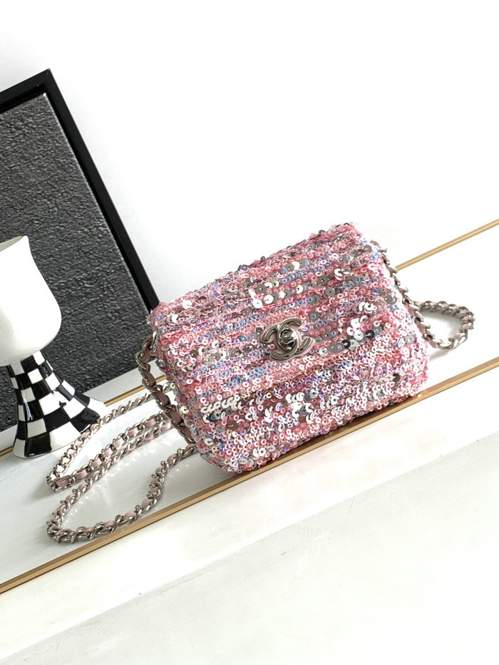 Chanel Sequins Mini Flap Evening Bag Pink AS23