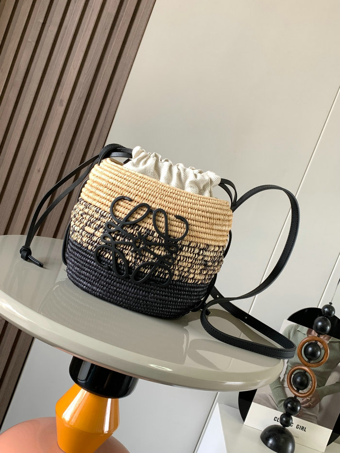 Loewe Beehive Black Basket Bag In Raffia and Calfskin L8002