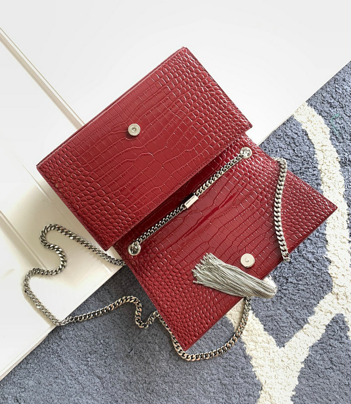 Saint Laurent Crocodile Kate 24 Chain Bag Burgundy 354119