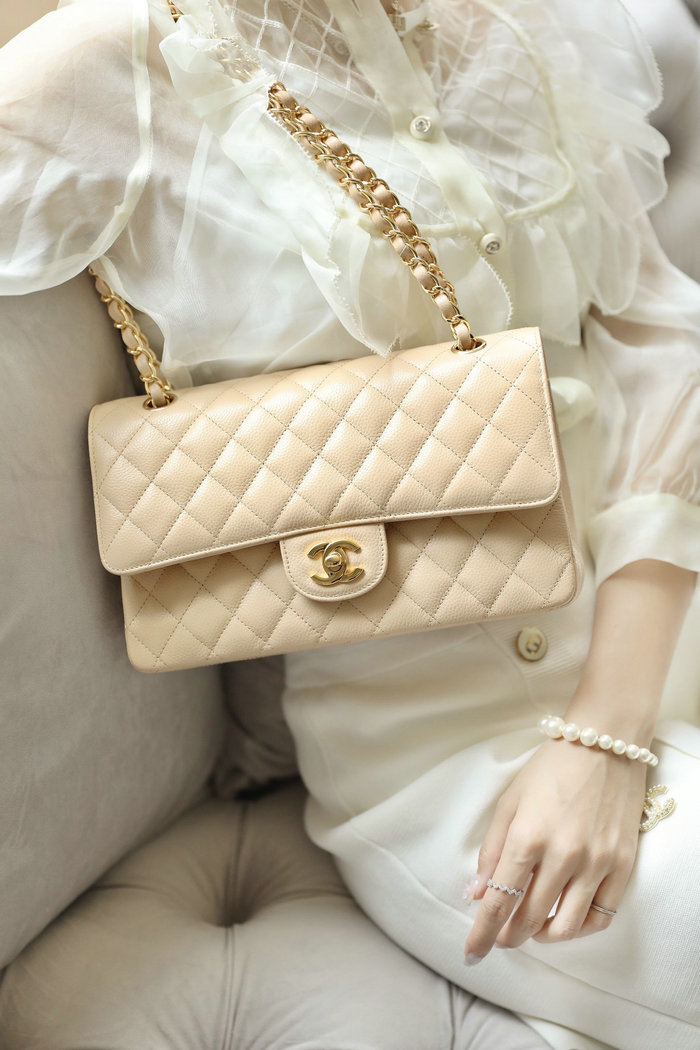 Medium Classic Chanel Caviar Leather Flap Bag Beige with Gold A01112