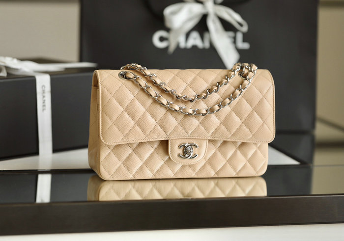 Medium Classic Chanel Caviar Leather Flap Bag Beige with Silver A01112