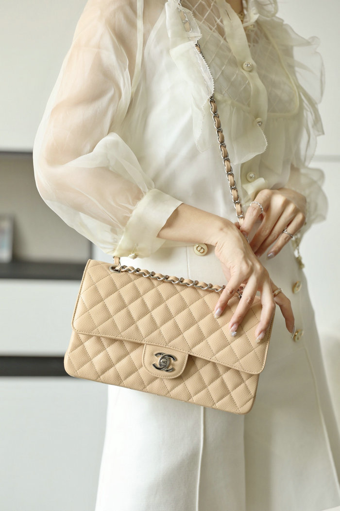 Medium Classic Chanel Caviar Leather Flap Bag Beige with Silver A01112