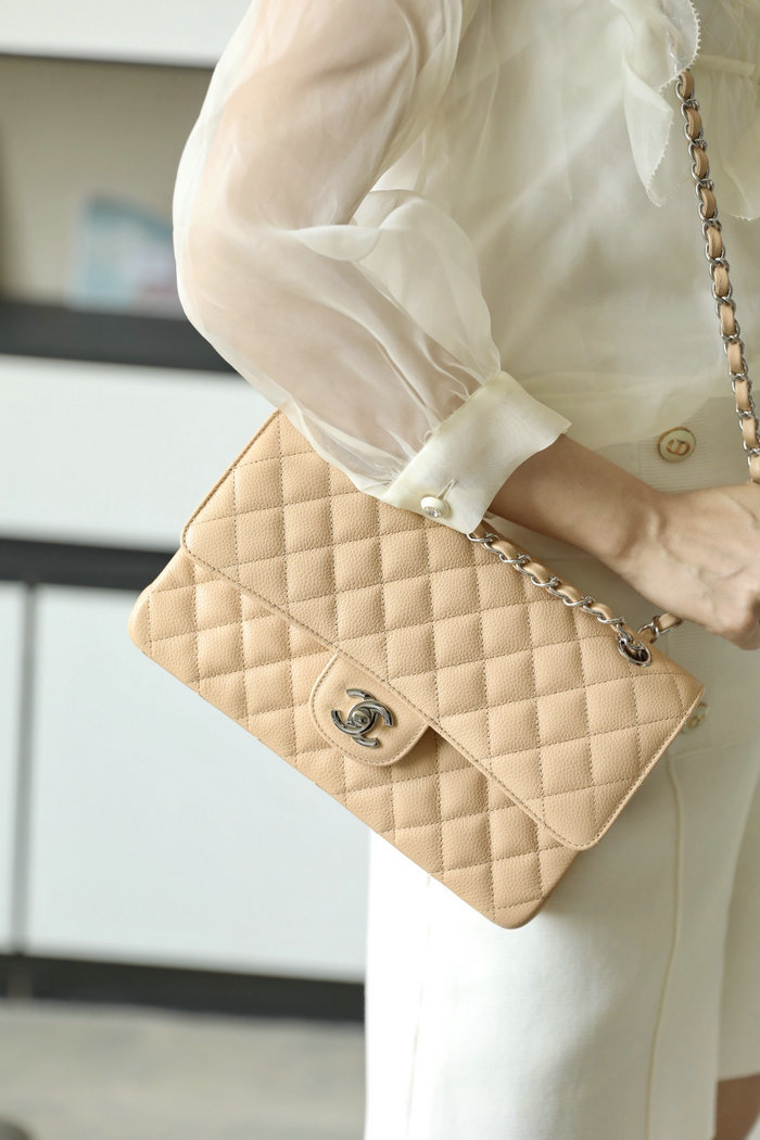 Medium Classic Chanel Caviar Leather Flap Bag Beige with Silver A01112