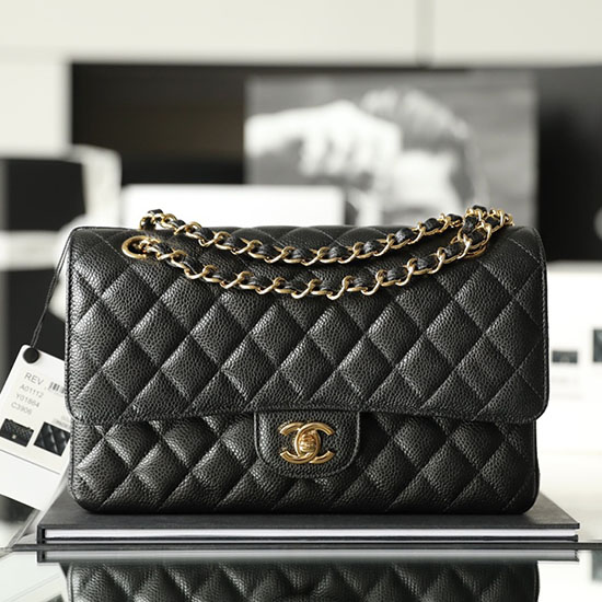 Medium Classic Chanel Caviar Leather Flap Bag Black with Gold A01112