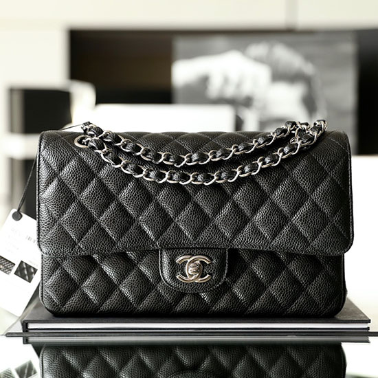 Medium Classic Chanel Caviar Leather Flap Bag Black with Silver A01112