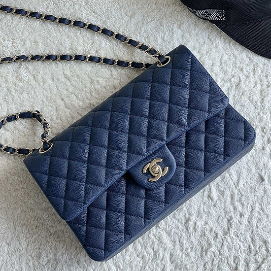 Medium Classic Chanel Grain Calfskin Flap Bag Blue A01112