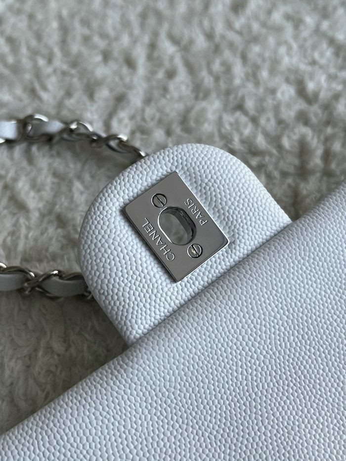 Medium Classic Chanel Grain Calfskin Flap Bag White A01112