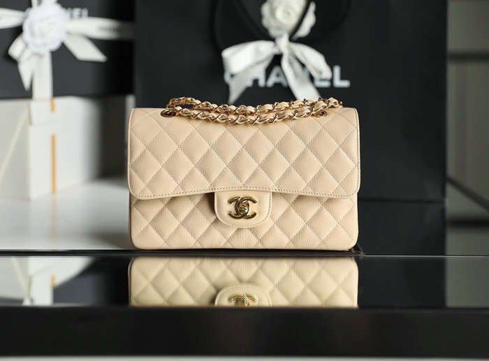 Small Classic Chanel Caviar Leather Flap Bag Beige with Gold A01113