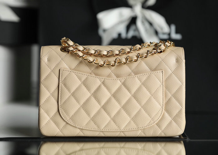 Small Classic Chanel Caviar Leather Flap Bag Beige with Gold A01113