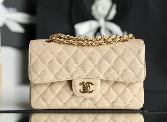 Small Classic Chanel Caviar Leather Flap Bag Beige with Gold A01113