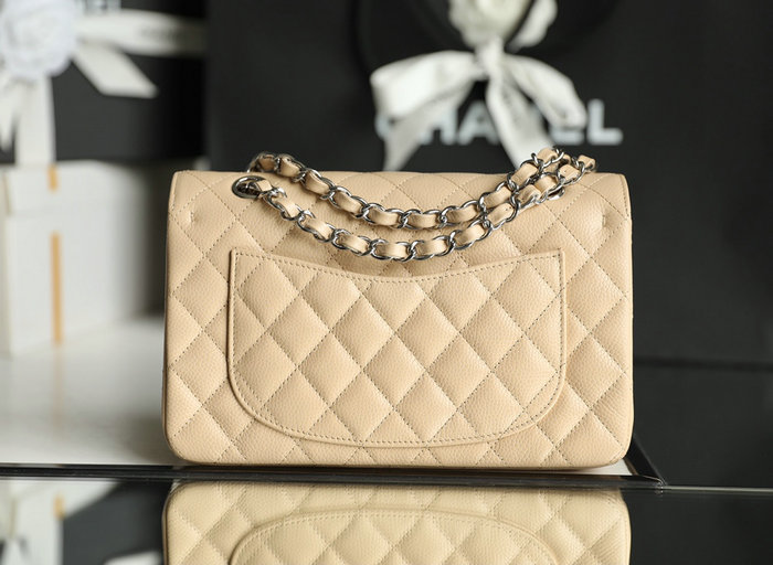 Small Classic Chanel Caviar Leather Flap Bag Beige with Silver A01113