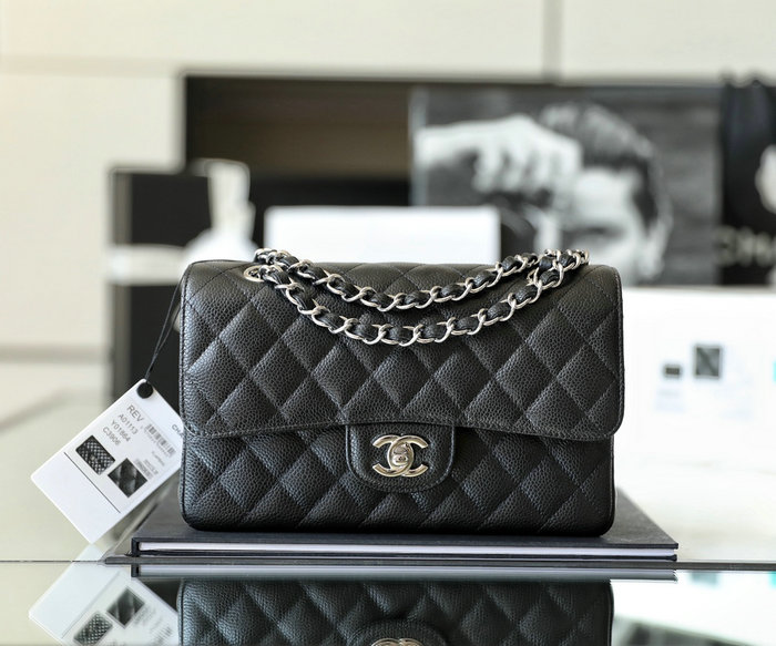 Small Classic Chanel Caviar Leather Flap Bag Black with Silver A01113