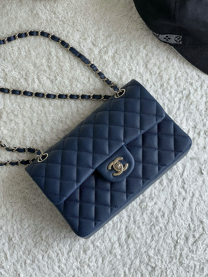 Small Classic Chanel Grain Calfskin Flap Bag Blue A01117