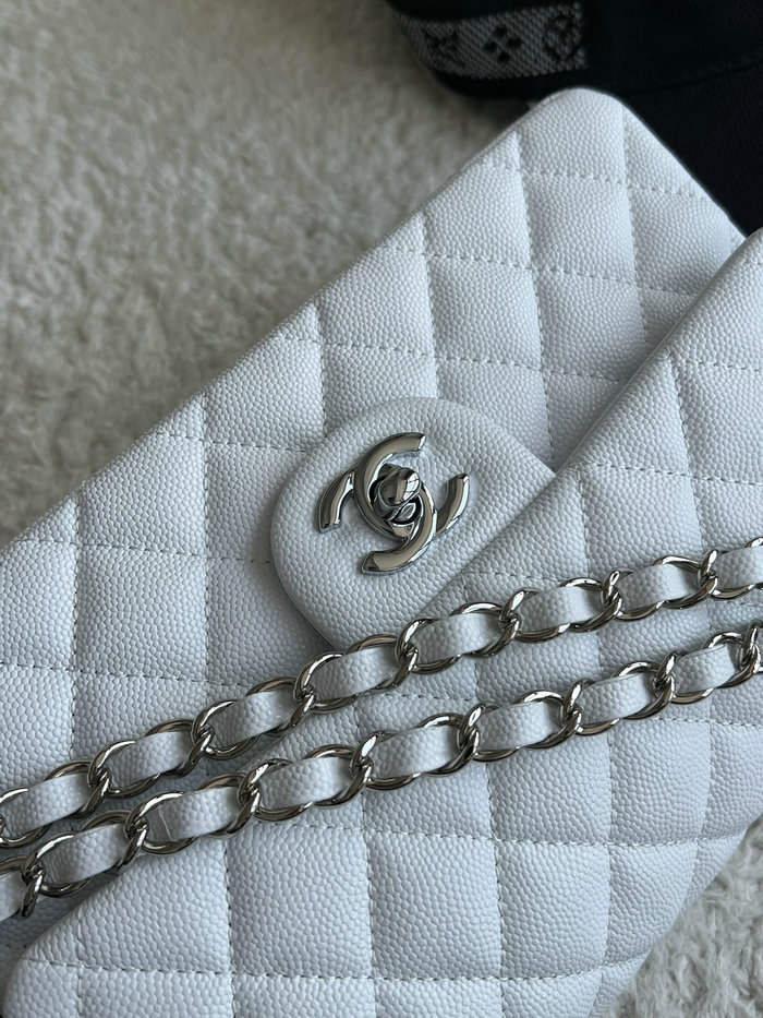 Small Classic Chanel Grain Calfskin Flap Bag White A01117