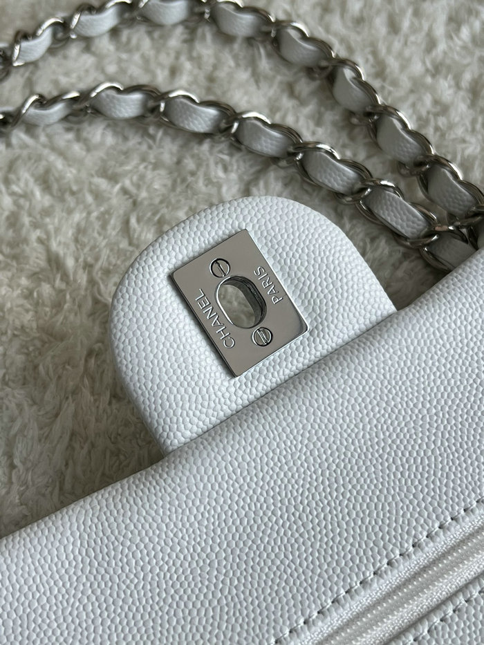 Small Classic Chanel Grain Calfskin Flap Bag White A01117