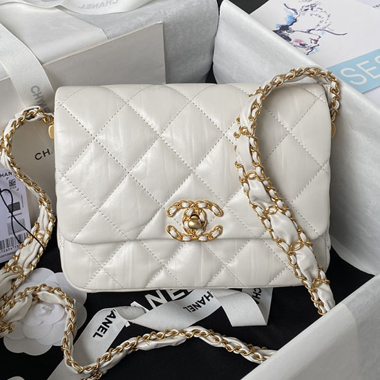 Chanel Shiny Aged Calfskin Shoulder Bag White AS4423