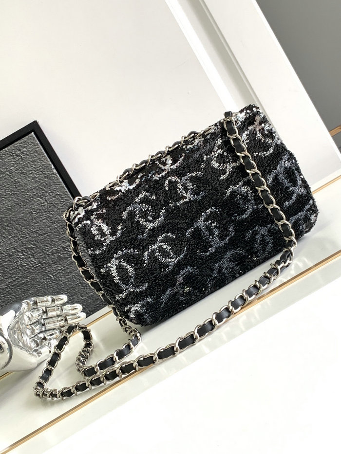 Small Chanel Sequins Evening Bag Black with Silver AS4297