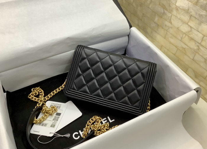 Chanel Lambskin Quilted Boy Wallet Black with Gold Metal A80389