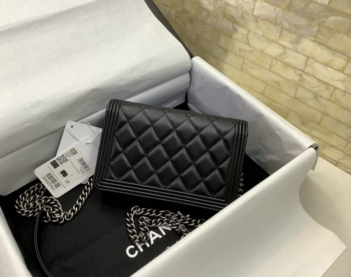 Chanel Lambskin Quilted Boy Wallet Black with Silver Metal A80389