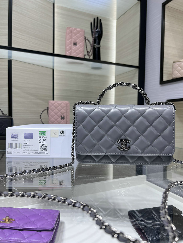 Chanel Shiny crumple calfskin Wallet on Chain Grey AP3645