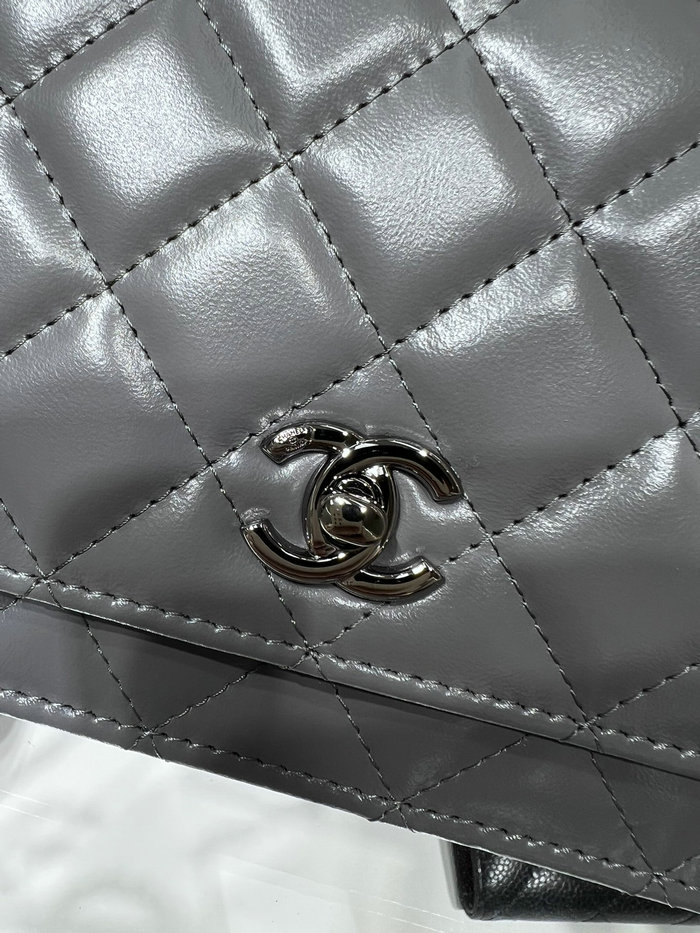 Chanel Shiny crumple calfskin Wallet on Chain Grey AP3645