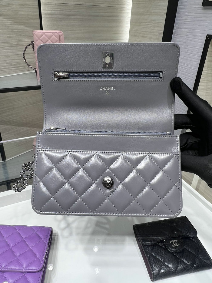 Chanel Shiny crumple calfskin Wallet on Chain Grey AP3645